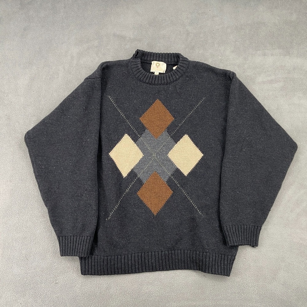 Viyella Sweater Mens Medium Gray Argyle Print Merino Wool Tight Knit Ribbed